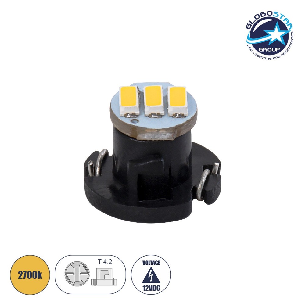 GloboStar® T4.2 81009 Λάμπα Αυτοκινήτου LED 3xSMD4014 0.6W 120lm 120° DC 12-16V  IP20 Μ1 x Π1 x Υ0.8cm Θερμό Λευκό 3000K